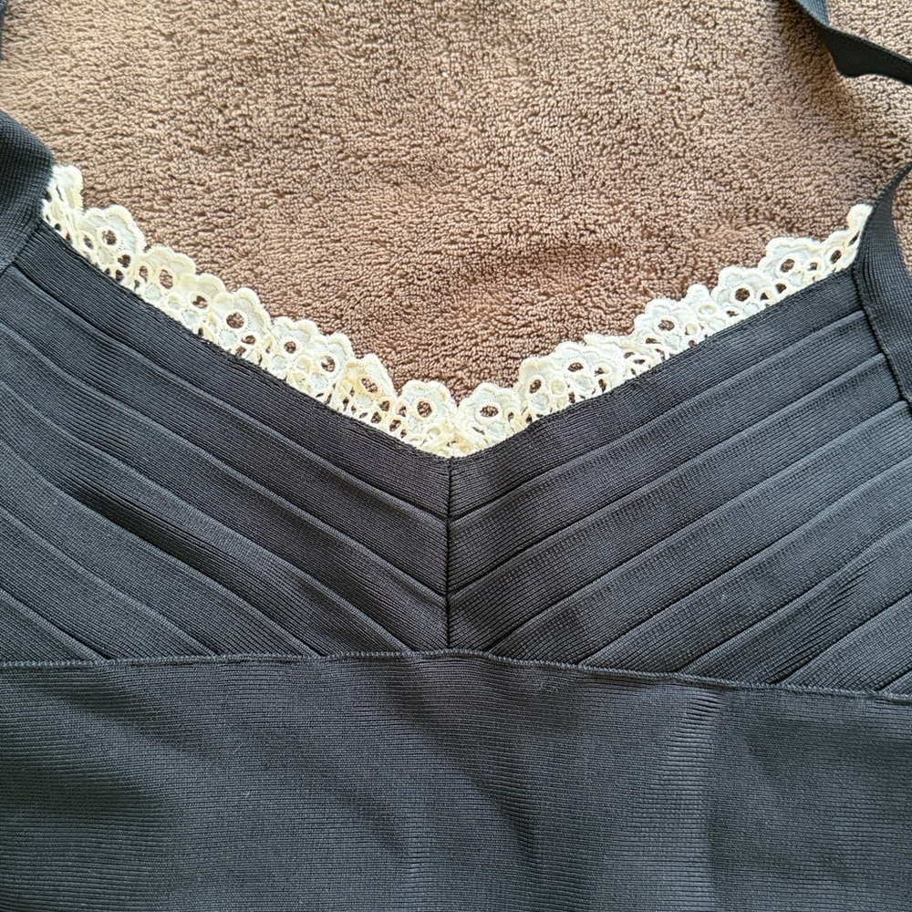 Herve Leger Black Midi Bandage Halter Dress with Cream Lace Trim - Picture 6 of 6